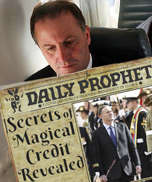 Credit Conjurer: Ex-Wall Street & London banker, John Key, as New Zealand's prime minister uses his Money Tree Wand to borrow $300m a week from a "foreign pixie" to keep the economy 'solvent'.