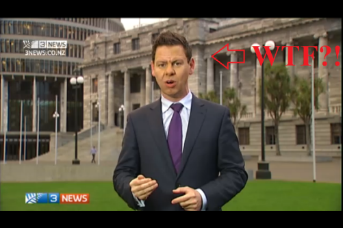 The Colour Purple: Gower essentially bullied Labour party leader David Cunliffe for wearing a red scarf, a symbolic association to the colour of his party. In the same report, Gower subtly associated himself with the PM’s tie of choice for stately occasions, while doing this stand-up to camera in front of parliament. The Queen of New Zealand holds the ‘Veto Power’ Card.